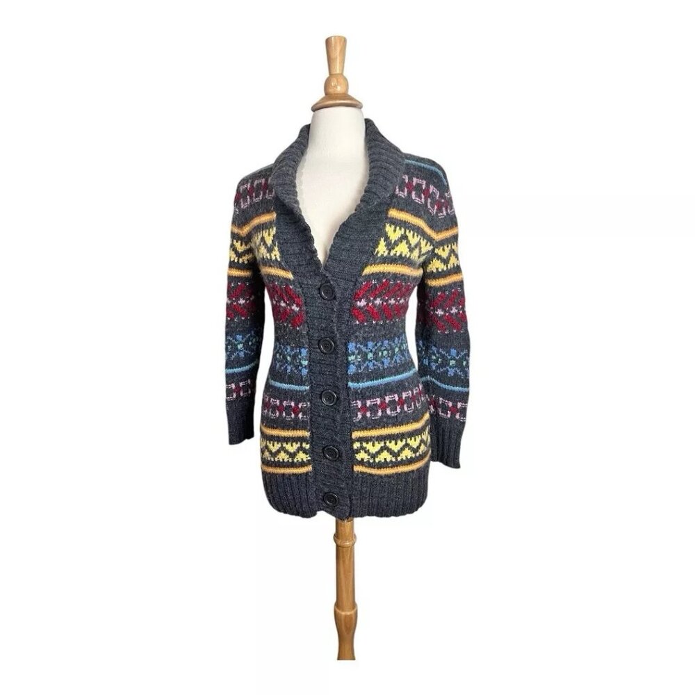 Lord & Taylor Cardigan Sweater Women S Wool Blend Fair Isle Button Shawl Collar